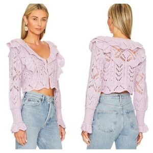 NWT Free People Avery Cardigan Orchid Dust Cropped Ruffle Knit‎ Hook & Eye Large